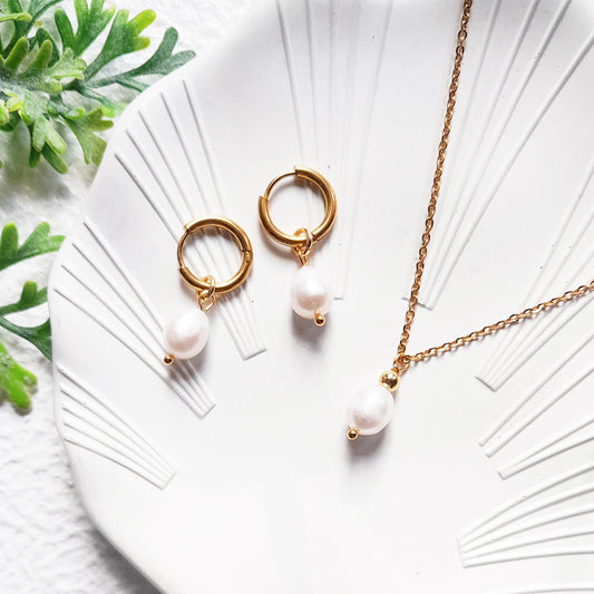 Small Gold Hoop Earrings with Oval Baroque Pearls