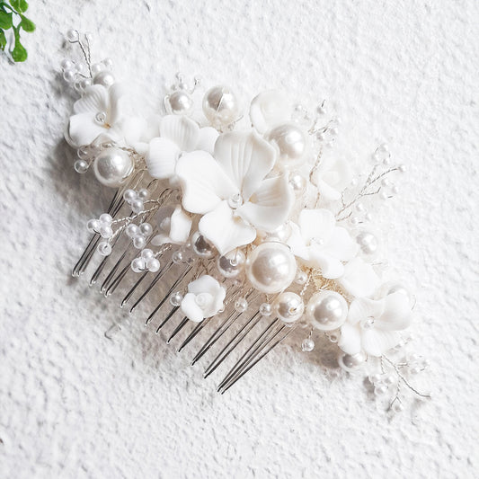 Ceramic Wedding Hair Comb Silver with pearls