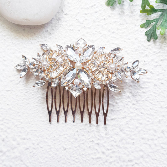 Vintage Style Art Deco Crystal Bridal Comb in Gold and Silver