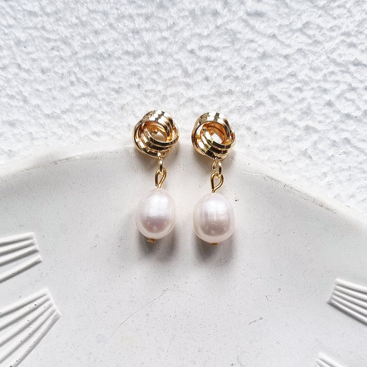 Gold Knot Pearl Drop Earrings - Baroque Pearl, Bridesmaid Gift