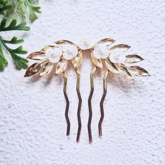 Boho Wedding Hair Fork - Gold Floral Comb with Pearls, Bridal Accessory
