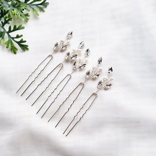 Silver Crystal Pearl Hair Pins- Set of 5