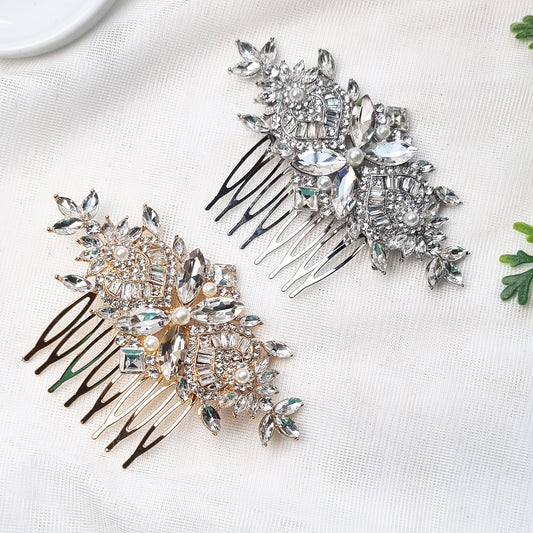 Vintage Style Art Deco Crystal Bridal Comb in Gold and Silver