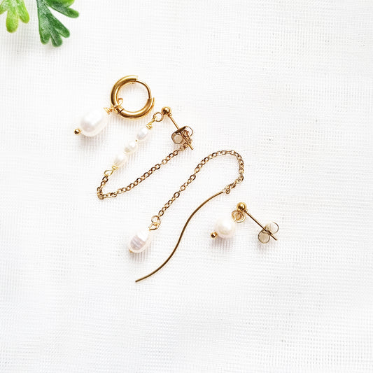 Dangle Pearl Earrings Set | Multi Piercing Gold