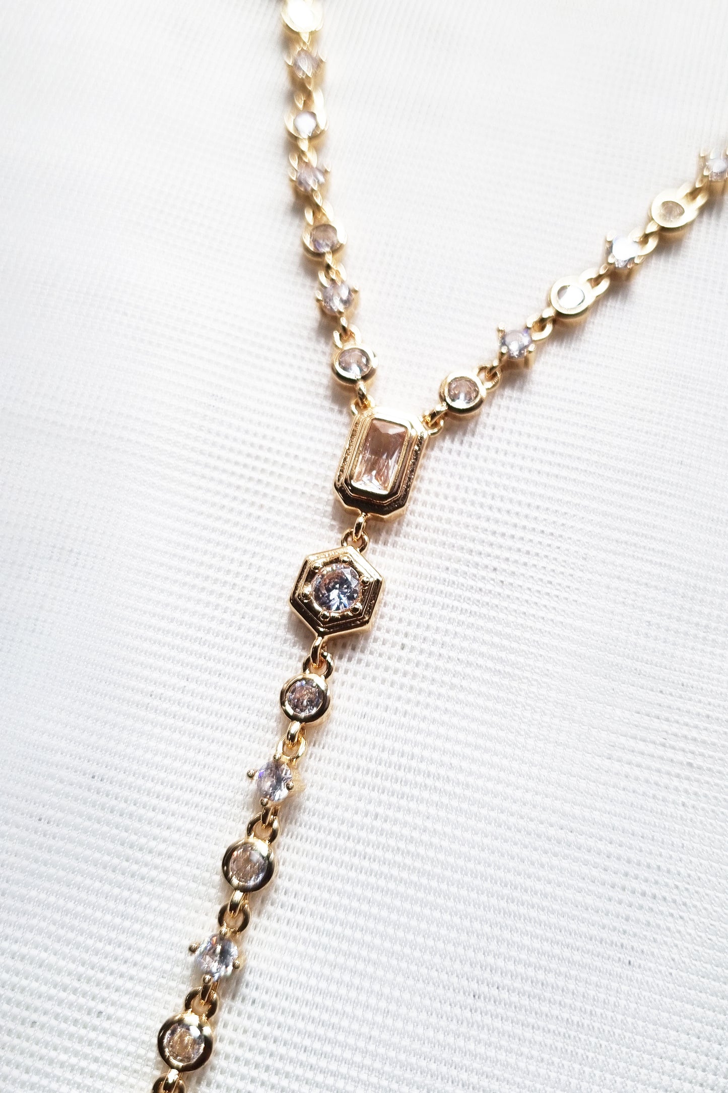 18K Gold Plated Lariat Necklace - Bezel Set CZ