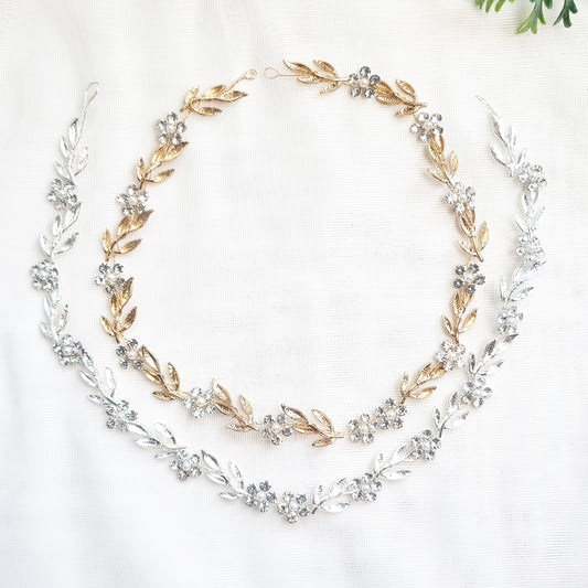 Leaf & Crystal Floral Hair Vine in Gold and Silver