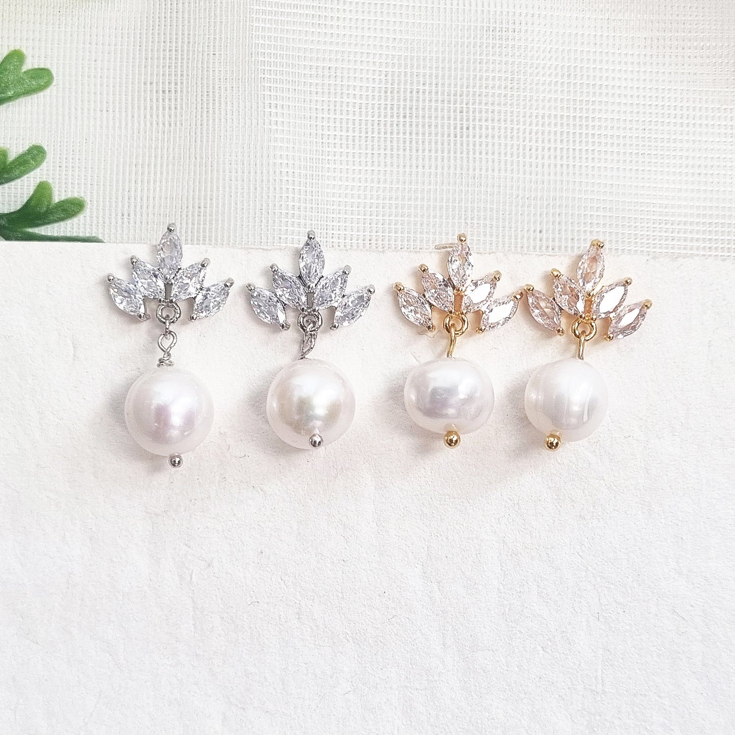 Wedding Pearl Earrings with CZ Marquise Studs