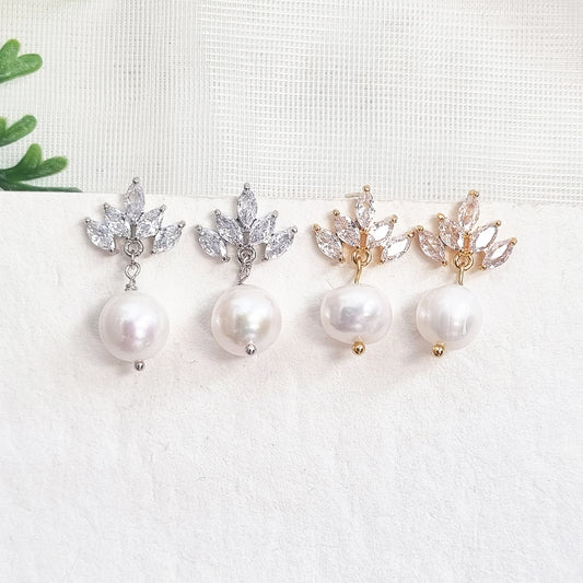 Wedding Pearl Earrings with CZ Marquise Studs