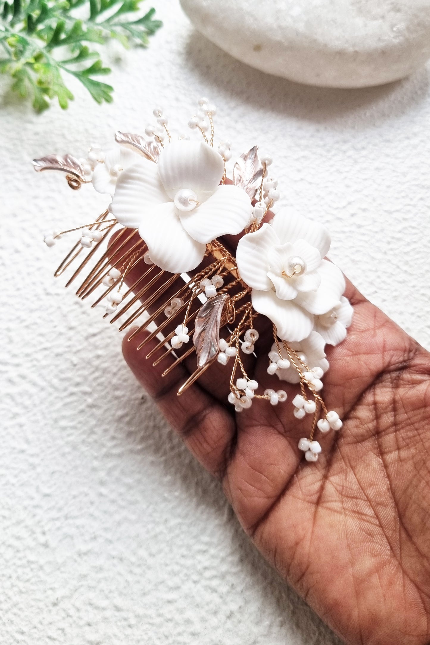 Gold Ceramic Floral Bridal Comb with Pearls and Rose Gold Leaves