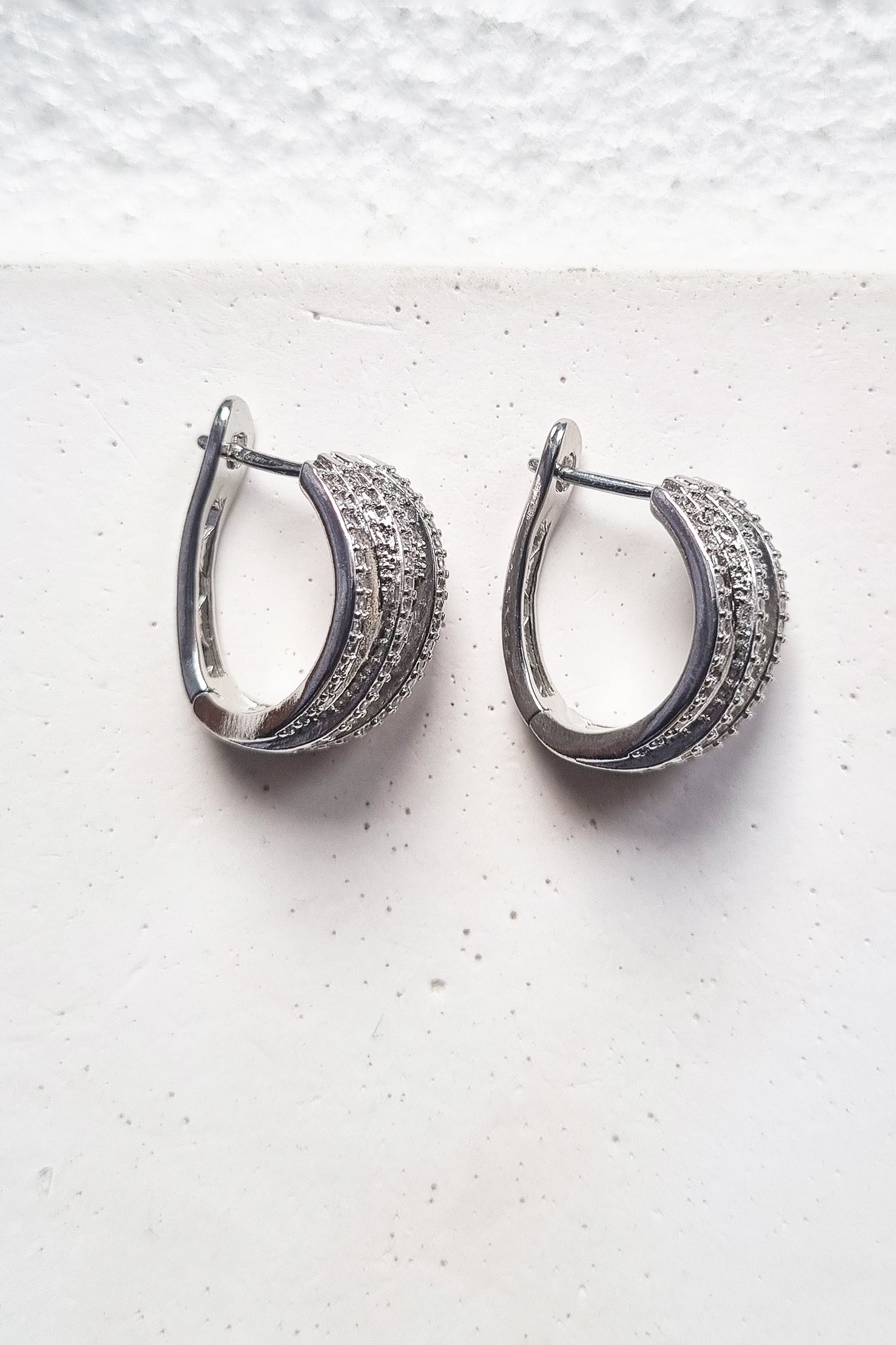Wide Silver CZ Multi Row Hoop Earrings