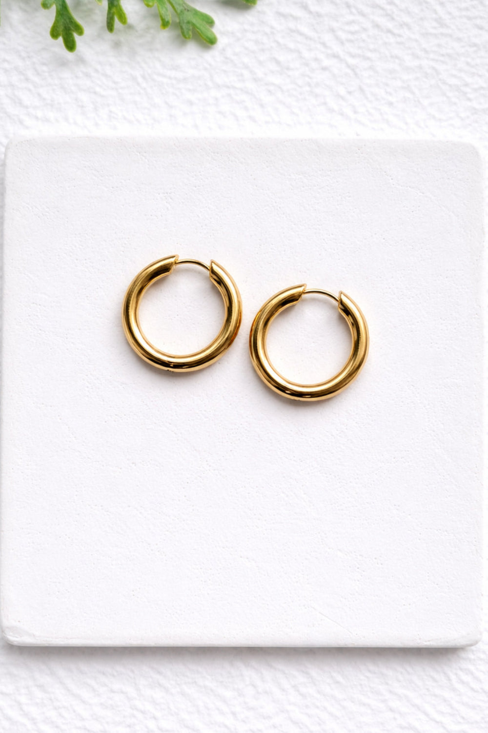 Gold hoop earrings on a white marble surface with a light green leafy background