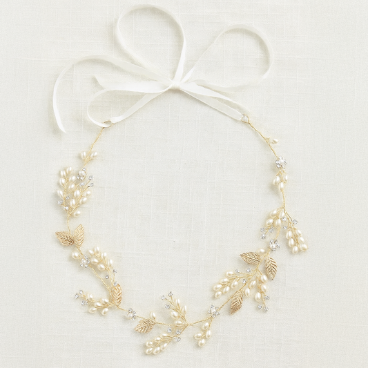 Bridal Hair Vine  with Gold Leaf and Pearl