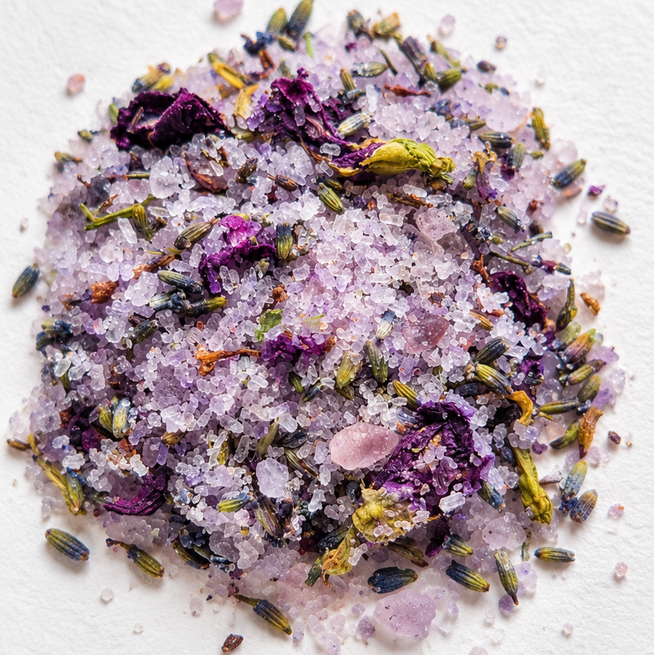 A small pile of foot soak bath salts featuring coarse white crystals mixed with dried lavender buds, blue pea flower buds,   on a textured white background.