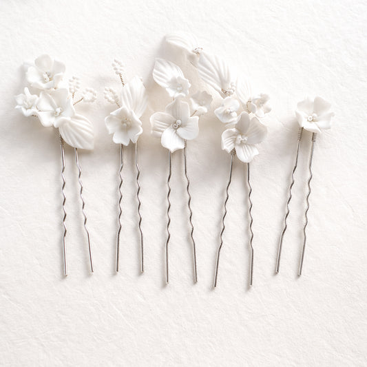 Ceramic Flower Bridal Hair Pins - Gold & Silver Wedding Sets