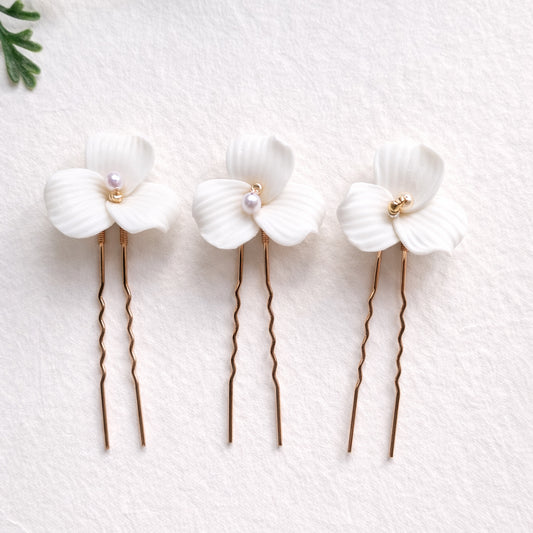 Ceramic Flower Bridal Hair Pins Set of 3 | Gold & Silver