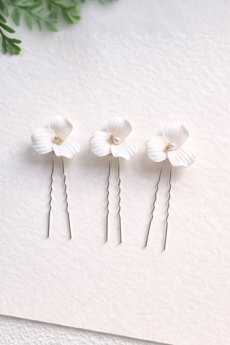 Ceramic Flower Bridal Hair Pins Set of 3 | Gold & Silver