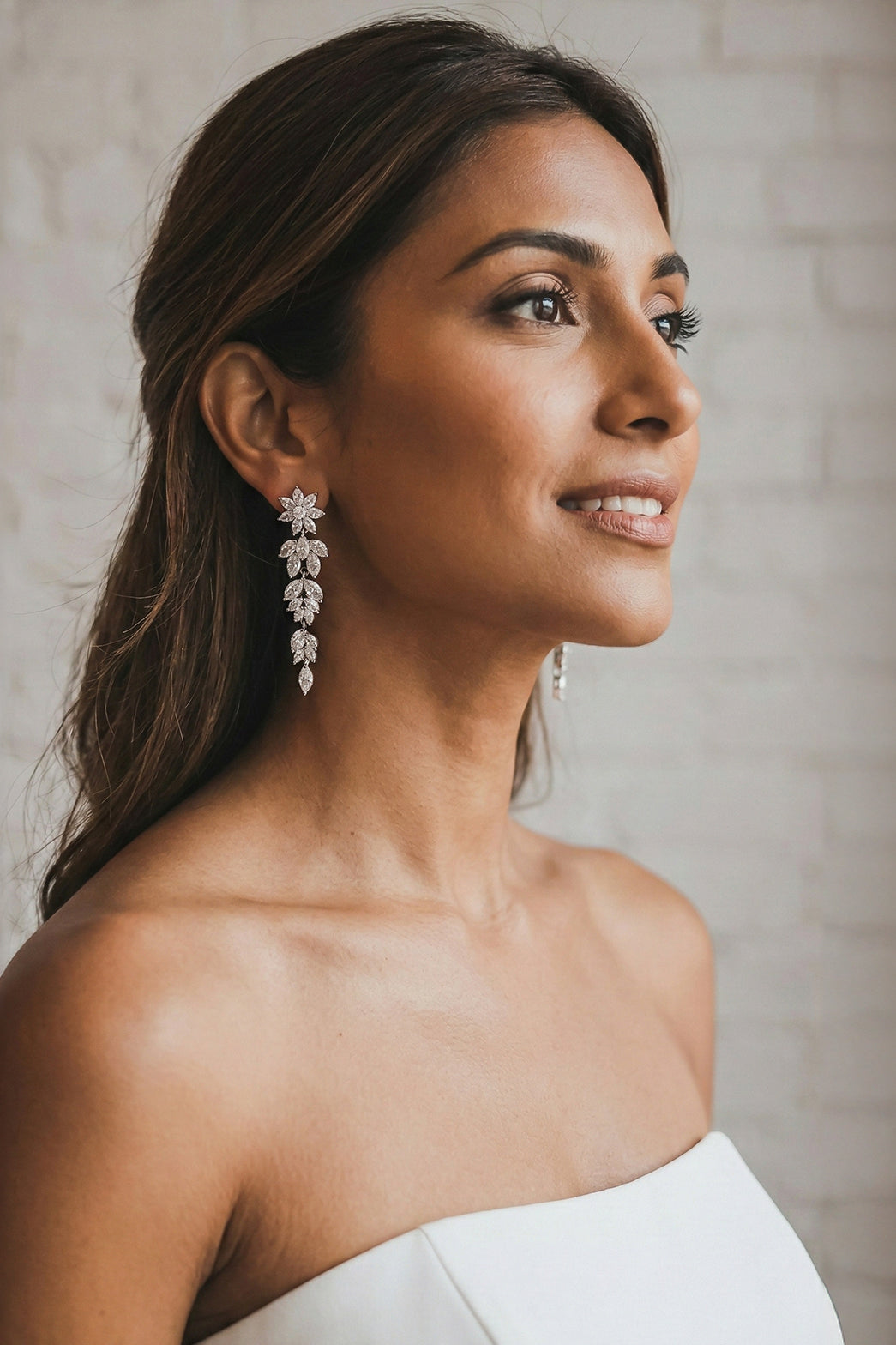 Silver CZ Leaf Chandelier Dangle Earrings