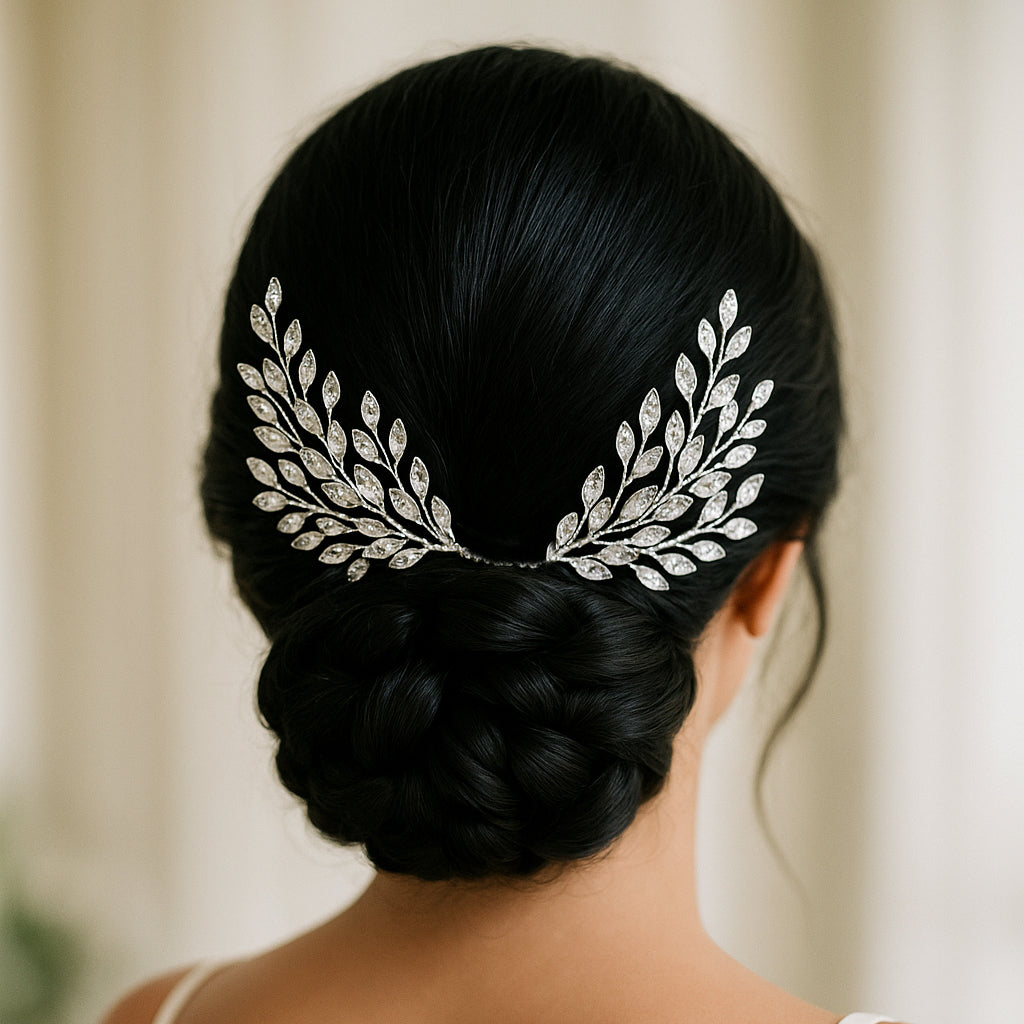 Sparkling Crystal Leaf Hair Comb – Silver