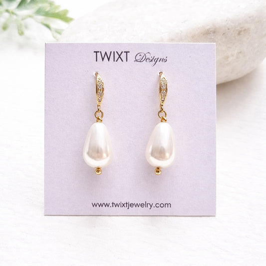 Dainty Pearl Drop Earrings with CZ Encrusted Hooks