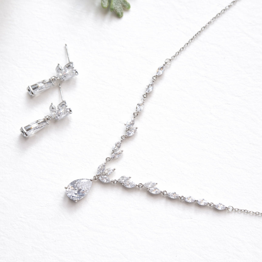 Dainty Marquise Leaf Wedding Necklace with Pear Drop