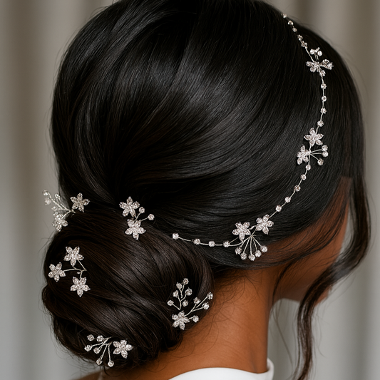 Dainty crystal bridal hair vine available in silver, gold