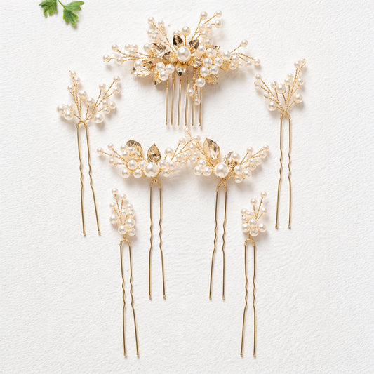Gold Floral & Pearl Bridal Hair Accessory Set