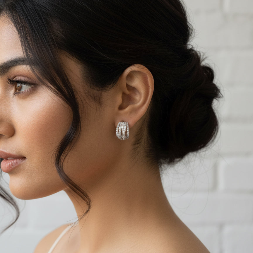 Wide Silver CZ Multi Row Hoop Earrings