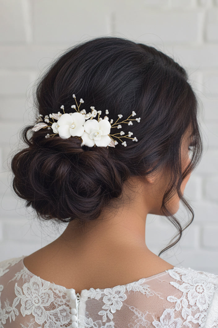 Gold Ceramic Floral Bridal Comb with Pearls and Rose Gold Leaves