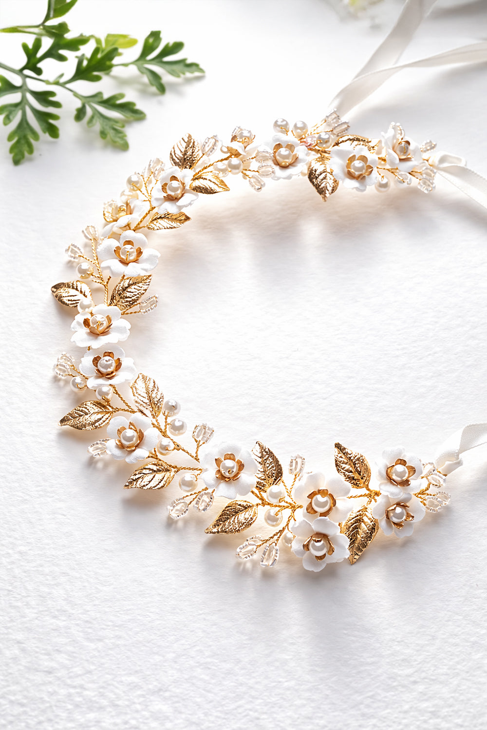 Gold Leaf and Pearl Flower Bridal Headband | Floral Vine