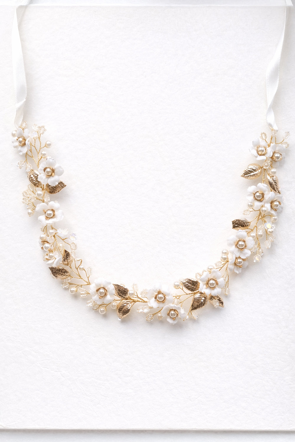 Gold Leaf and Pearl Flower Bridal Headband | Floral Vine