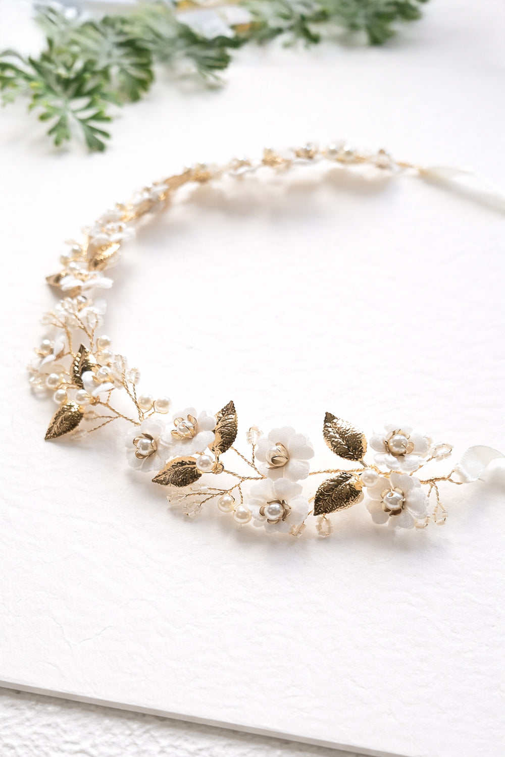 Gold Leaf and Pearl Flower Bridal Headband | Floral Vine