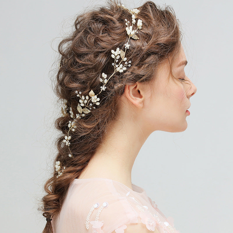 Bridal Hair Vine  with Gold Leaf and Pearl