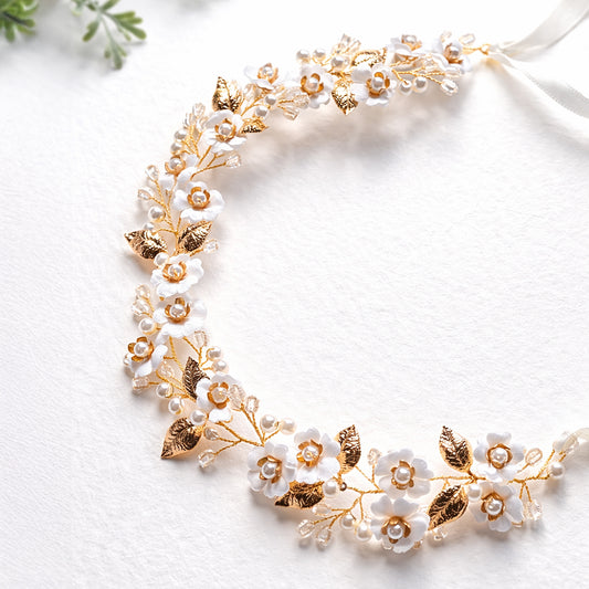 Gold Leaf and Pearl Flower Bridal Headband | Floral Vine