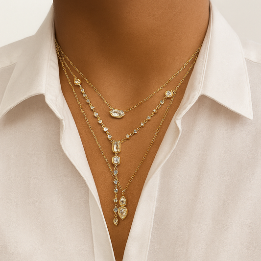 18K Gold Plated Lariat Necklace - Bezel Set CZ