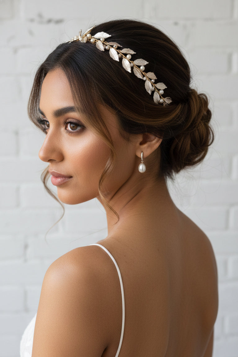 Matte Rose Gold Leaf Bridal Headband with Pearls