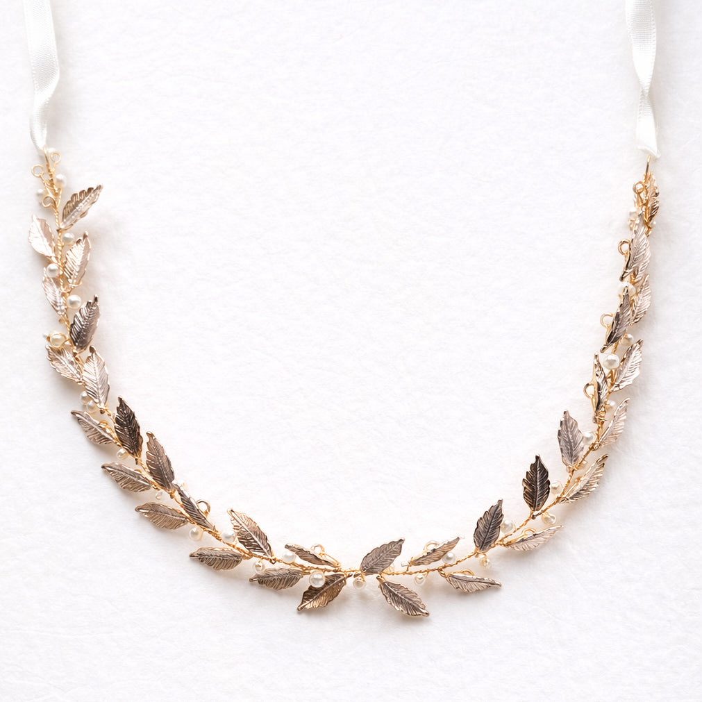 Matte Rose Gold Leaf Bridal Headband with Pearls