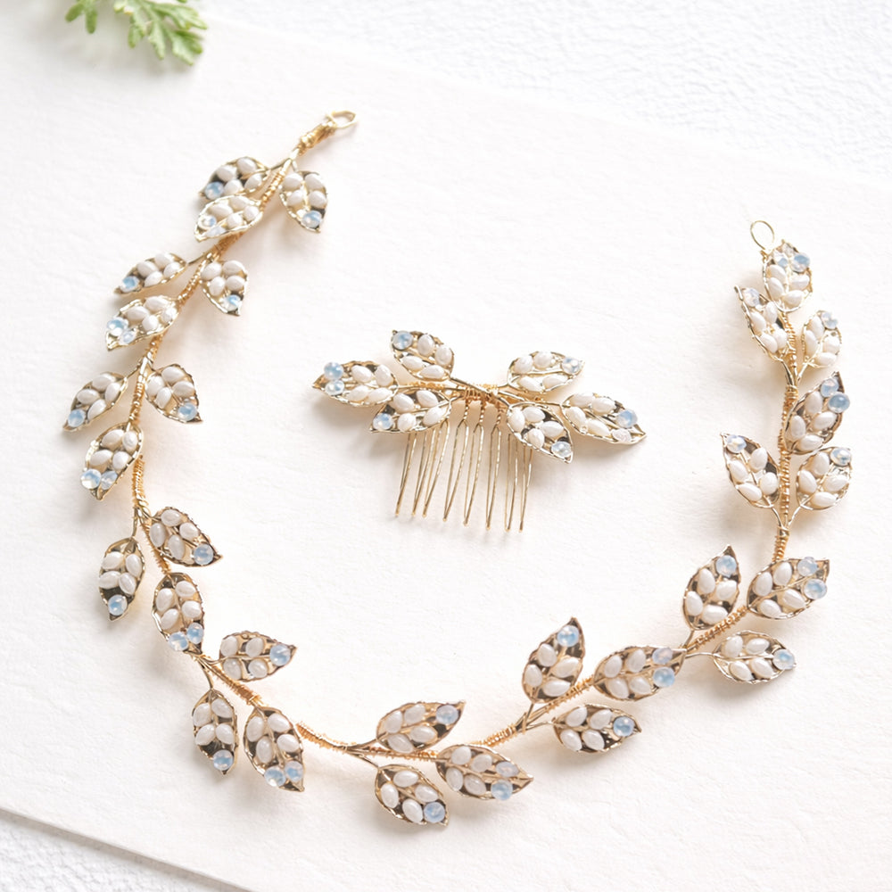 Gold Leaf & Opal Enamel Bridal Headband and Comb Set