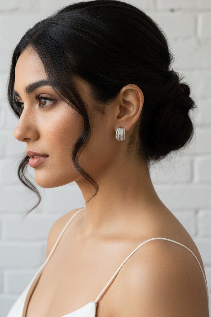 Wide Silver CZ Multi Row Hoop Earrings