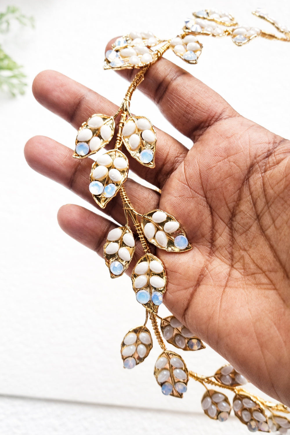 Gold Leaf & Opal Enamel Bridal Headband and Comb Set