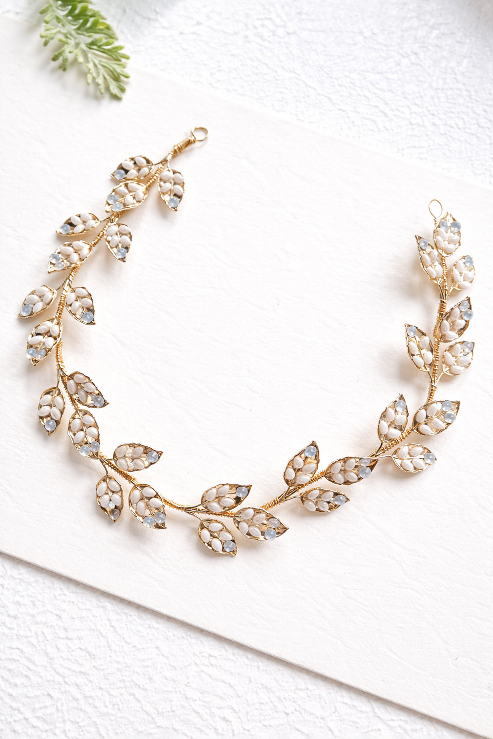 Gold Leaf & Opal Enamel Bridal Headband and Comb Set