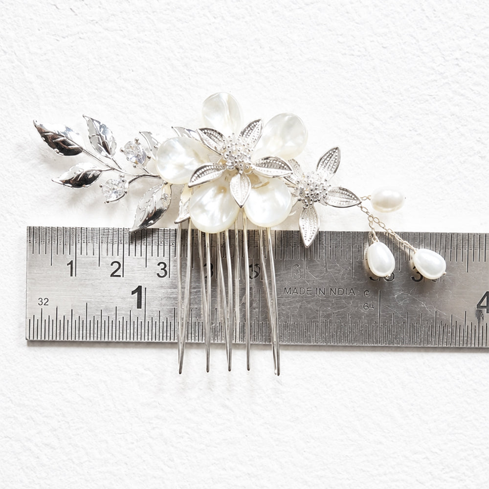 Shell Flower Wedding Comb with Silver Leaves