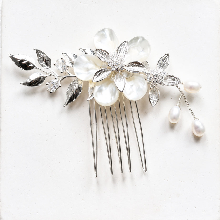 Shell Flower Wedding Comb with Silver Leaves