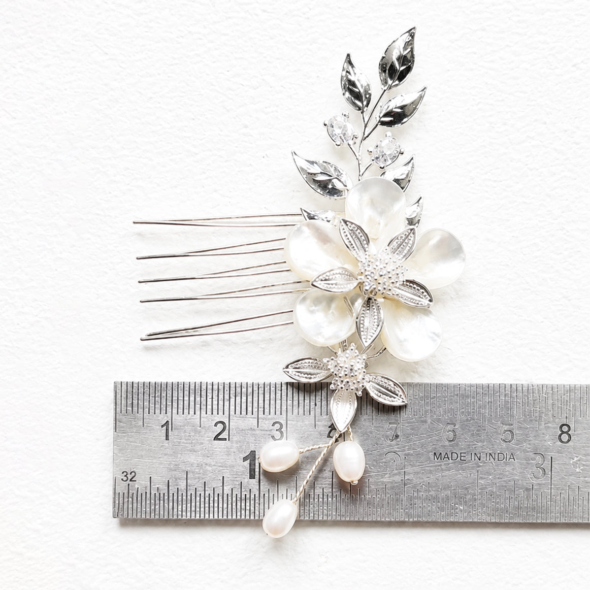 Shell Flower Wedding Comb with Silver Leaves