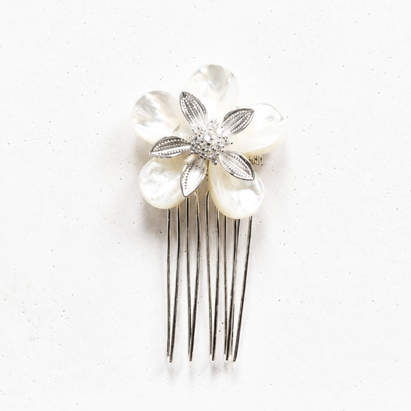 Shell Flower Wedding Comb with Silver Leaves