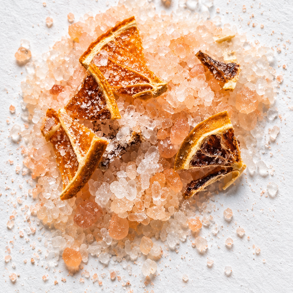 A pile of coarse pink bath salts mixed with dried orange slices on a textured white background.