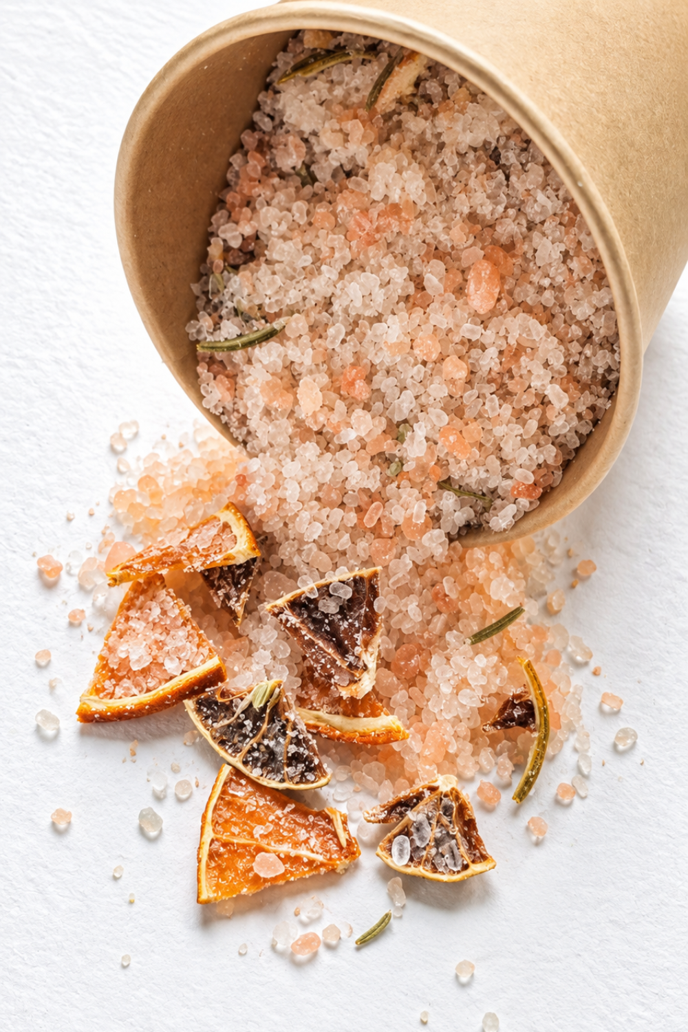 Pink and white foot salts with dried orange slices , spilled from a brown kraft paper cup onto a white textured surface.