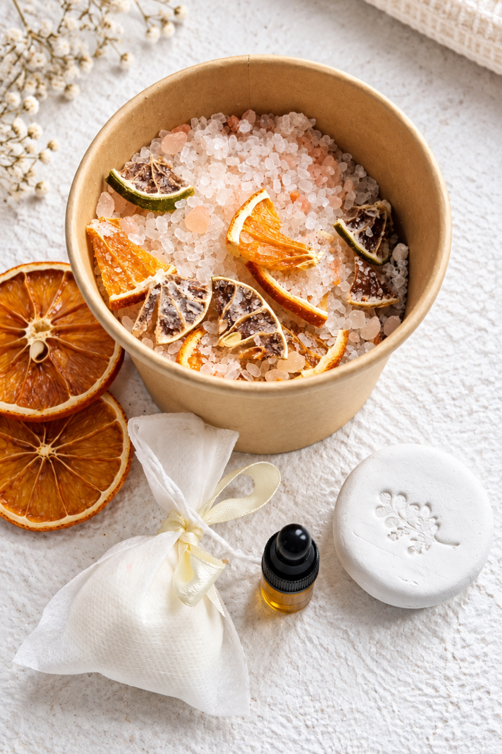 A round kraft paper tub filled with foot soak salts and dried citrus slices, styled on a white textured surface with a small white soap dish, a white drawstring sachet, and a small amber dropper bottle.