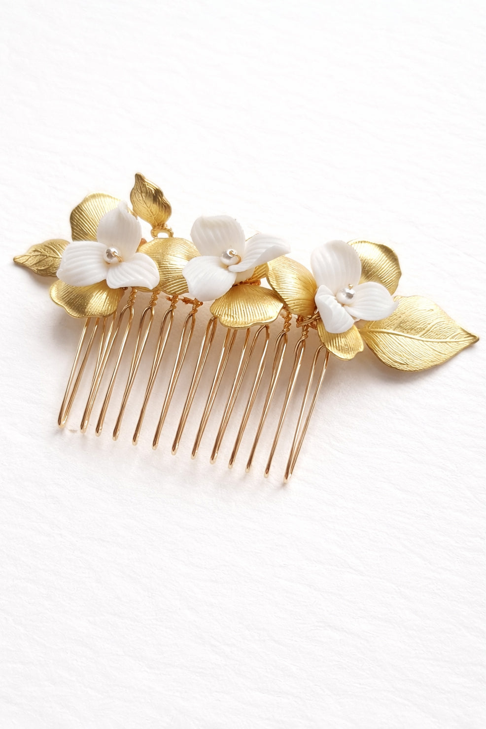 Romantic Gold Leaf Ceramic Flower Bridal Hair Comb