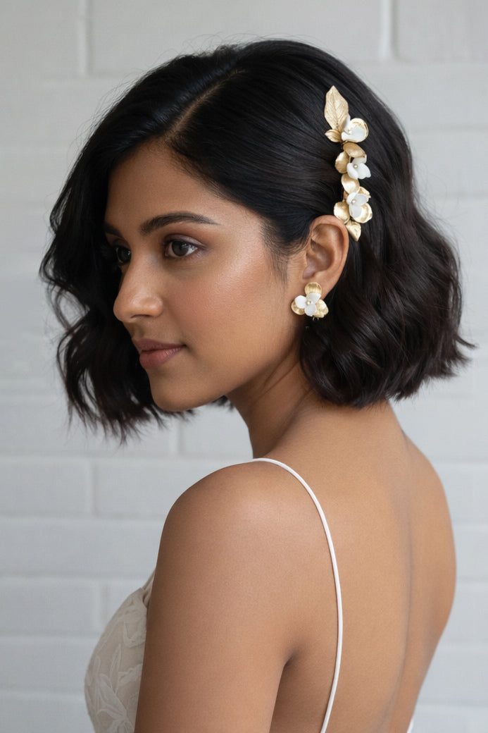 Romantic Gold Leaf Ceramic Flower Bridal Hair Comb