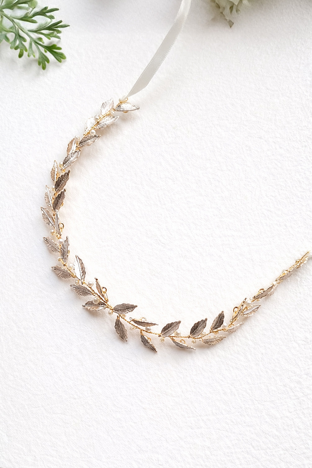 Matte Rose Gold Leaf Bridal Headband with Pearls